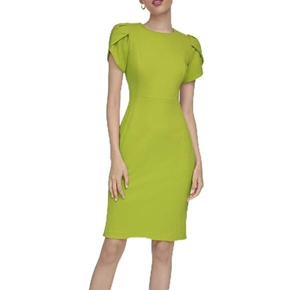 Calvin Klein Dresses & Skirts - Calvin Klein Size 6 Yellow Tulip Sleeve Crepe Work Cocktail Sheath Knee Dress